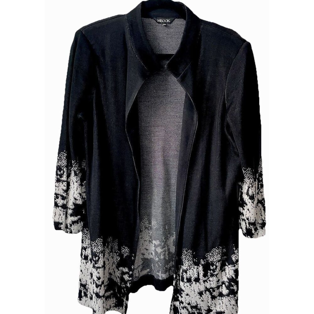 Misook Open Front Cardigan Jacket Womens Size Medium Black/White Detail